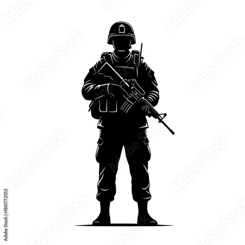 Silhouette of a Soldier in Full Gear Holding a Rifle