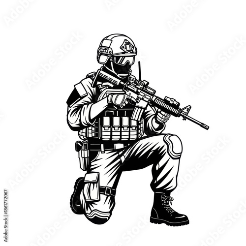 Modern Soldier Kneeling with Assault Rifle | Military Combat Warrior