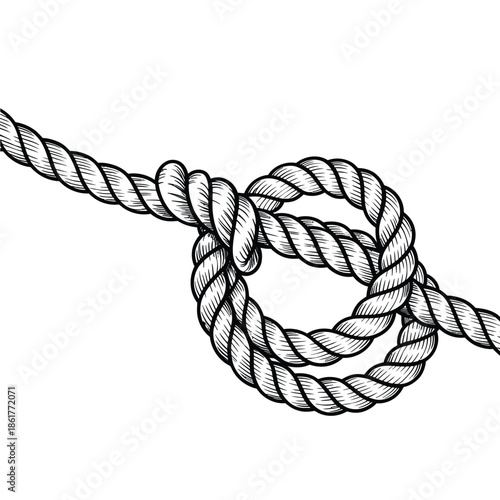 Detailed illustration of a tightly wound rope knot in black and white