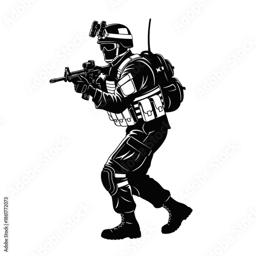 Modern Soldier Silhouette with Assault Rifle, Tactical Gear, and Night Vision Goggles