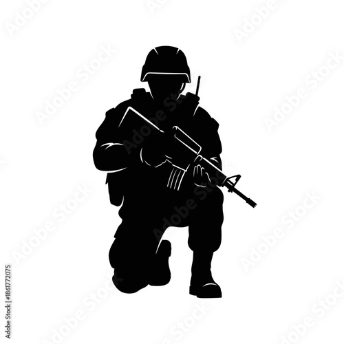 Silhouette of Soldier Kneeling with Rifle and Helmet, Military Combat Ready
