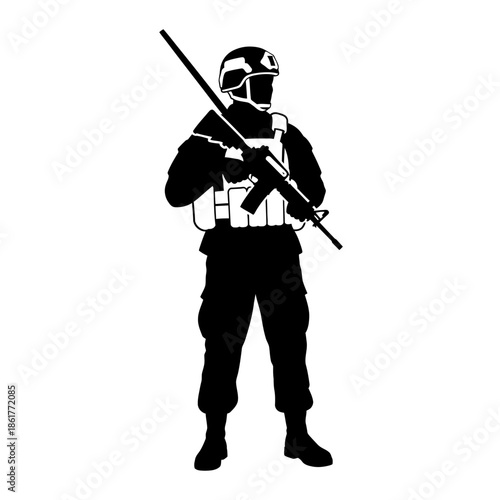 Silhouette Soldier with Rifle, Military Combat Gear, Vigilant Stance, White Background