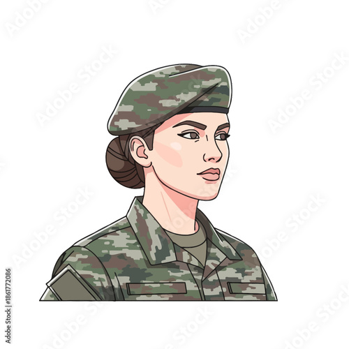 Female soldier portrait, camouflage uniform, military beret, strong woman, patriotic, defense, service