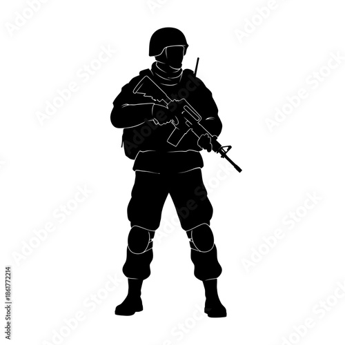 Silhouette of Soldier with Rifle, Military Combat Gear, White Background