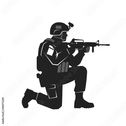 Kneeling Soldier Silhouette with Rifle, Military Combat Pose, Tactical Gear