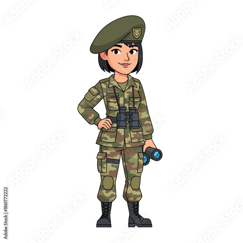 Cartoon Woman Soldier in Camouflage Uniform Holding Binoculars with Beret