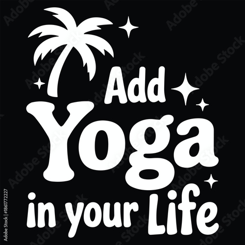 White yoga and palm tree text on black background