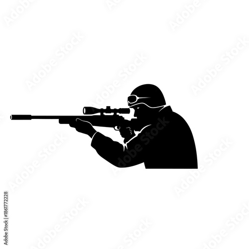 Silhouette of Soldier Aiming Sniper Rifle with Scope, Military Action Concept