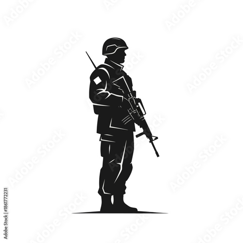 Silhouette Soldier Standing with Rifle, Military Uniform, Helmet, Vector Art