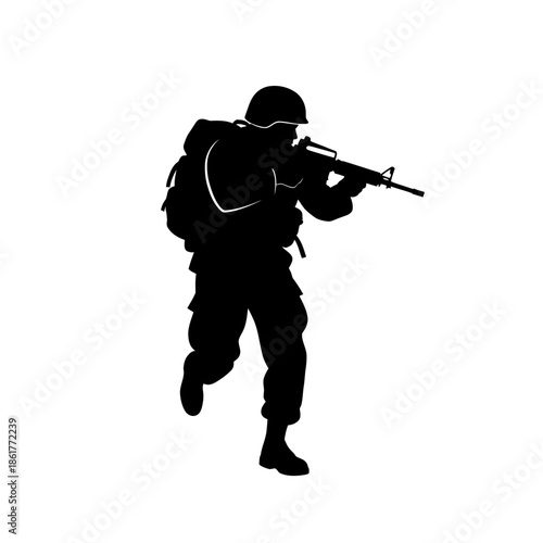 Silhouette Soldier Running Aiming Rifle Gun Backpack Military Combat Action