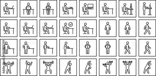 People activity and lifestyle icons set, office work and fitness training symbols, reading books and walking poses, outline vector illustration elements.