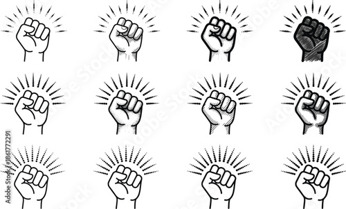 Collection of raised clenched fist icons, hand drawn sketch style power symbols, revolution and protest concepts, strength and solidarity vector illustrations.