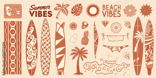 Summer beach illustration with surfboards tropical fruits and sun elements