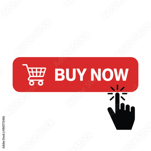 A red buy now button with a shopping cart and finger click