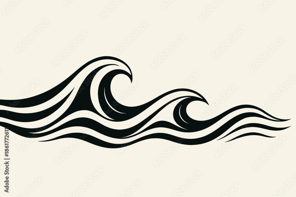 Obraz premium Minimalist black wave illustration with flowing ocean curves on a light background, symbolizing movement, rhythm, and the calm power of the sea with generous copy space.