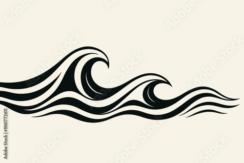 Minimalist black wave illustration with flowing ocean curves on a light background, symbolizing movement, rhythm, and the calm power of the sea with generous copy space.