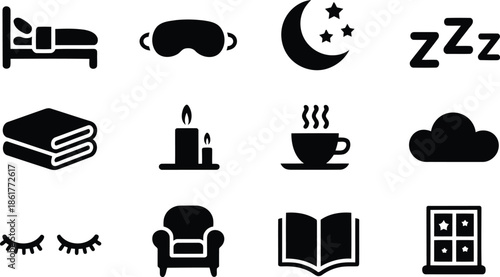 A collection of simple black icons representing various elements of sleep and relaxation activities