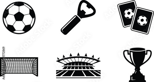 A collection of simple black soccer and football related sports equipment icons