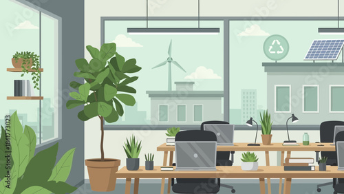 Eco-friendly office interior with green plants and sustainable energy systems