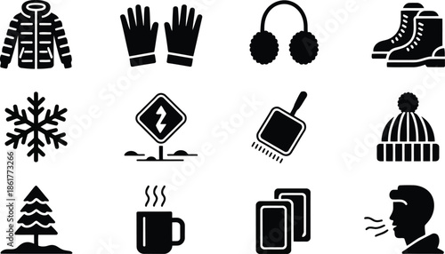 A comprehensive collection of black glyph icons representing winter essentials and various seasonal elements