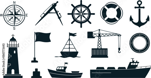 A comprehensive set of black flat icons representing various nautical, shipping, and maritime elements