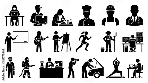 Collection of Silhouette Icons Representing Various Professions.