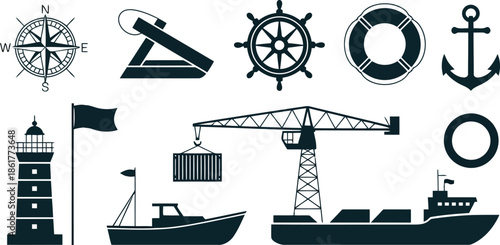 A comprehensive collection of essential nautical and maritime themed icons for ocean related designs