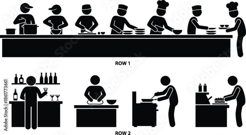 Kitchen restaurant work silhouettes set, chefs cooking serving food bar staff catering service black vector illustration collection