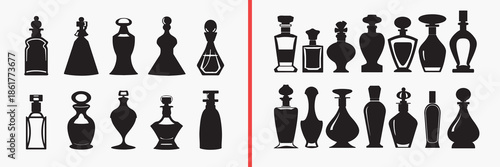 perfume bottle silhouette vector, fragrance bottle black silhouettes, cosmetic perfume illustration set, luxury scent outline art, beauty perfume vector collection, glass bottle icon set, aroma clipar