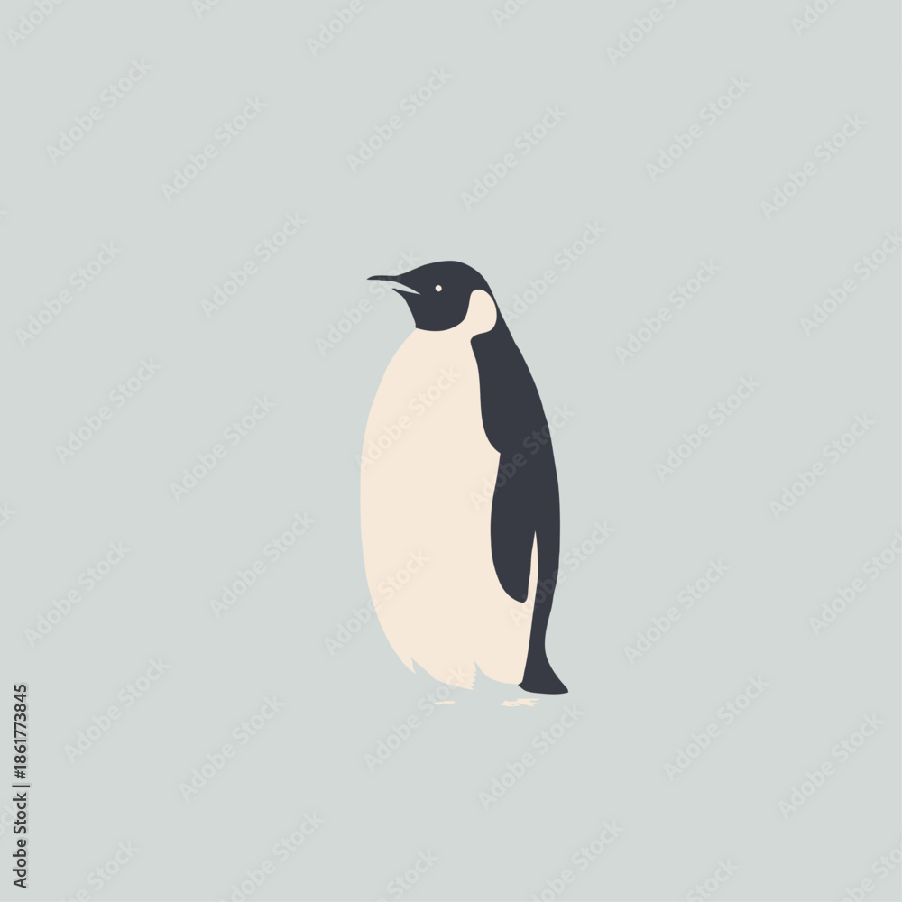 Fototapeta premium Minimal flat illustration of a penguin standing on ice, featuring soft textures and a calm pastel background, ideal for education, climate, wildlife, and children’s content.