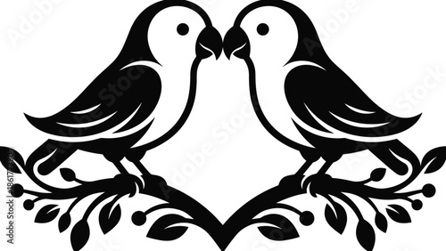 Love birds silhouette illustration, romantic couple birds symbol, heart shaped nature design, wedding valentine concept, black vector art