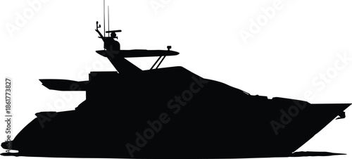 Luxury yacht silhouette illustration, modern motor boat profile, marine transportation concept, ocean travel vessel, isolated black vector