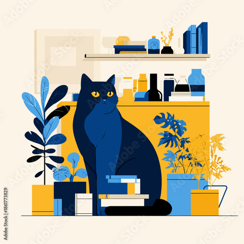 Modern flat vector illustration of a stylish blue cat sitting in a cozy contemporary interior with shelves, books, bottles, and houseplants, featuring a bold blue and yellow color palette