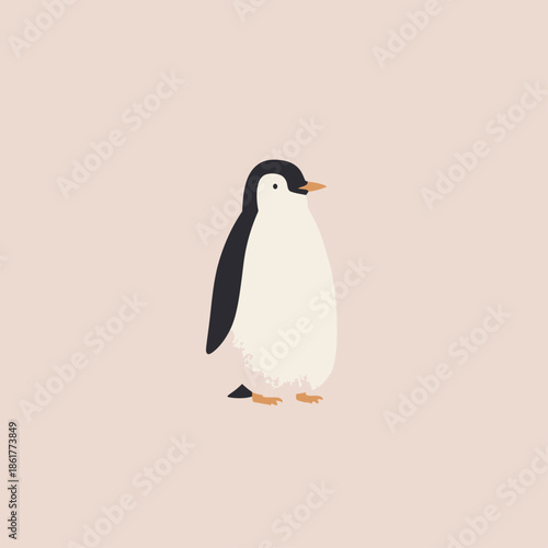 Minimal flat illustration of a penguin standing on ice, featuring soft textures and a calm pastel background, ideal for education, climate, wildlife, and children’s content.