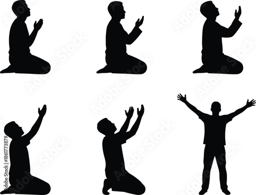 Man praying silhouette collection, kneeling and standing worship poses, spiritual faith devotion concept, religious prayer black vector illustration set