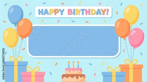 Birthday celebration event with colorful balloons cake and gifts festive atmosphere kids party fun and joyful vibe ideal for birthday invitations or cards