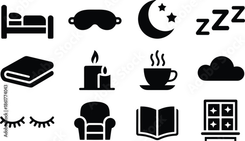 A delightful array of black silhouette icons representing sleep, rest, and cozy relaxation activities