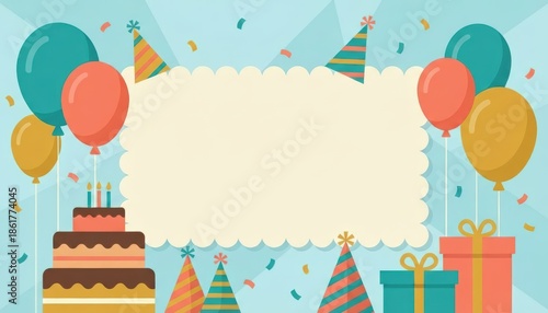 Festive birthday celebration home party graphic design colorful and cheerful environment eye-level view celebratory theme with cakes and balloons
