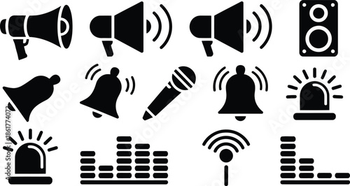 A detailed collection of black silhouette icons representing sound, communication, and alert systems on a white background
