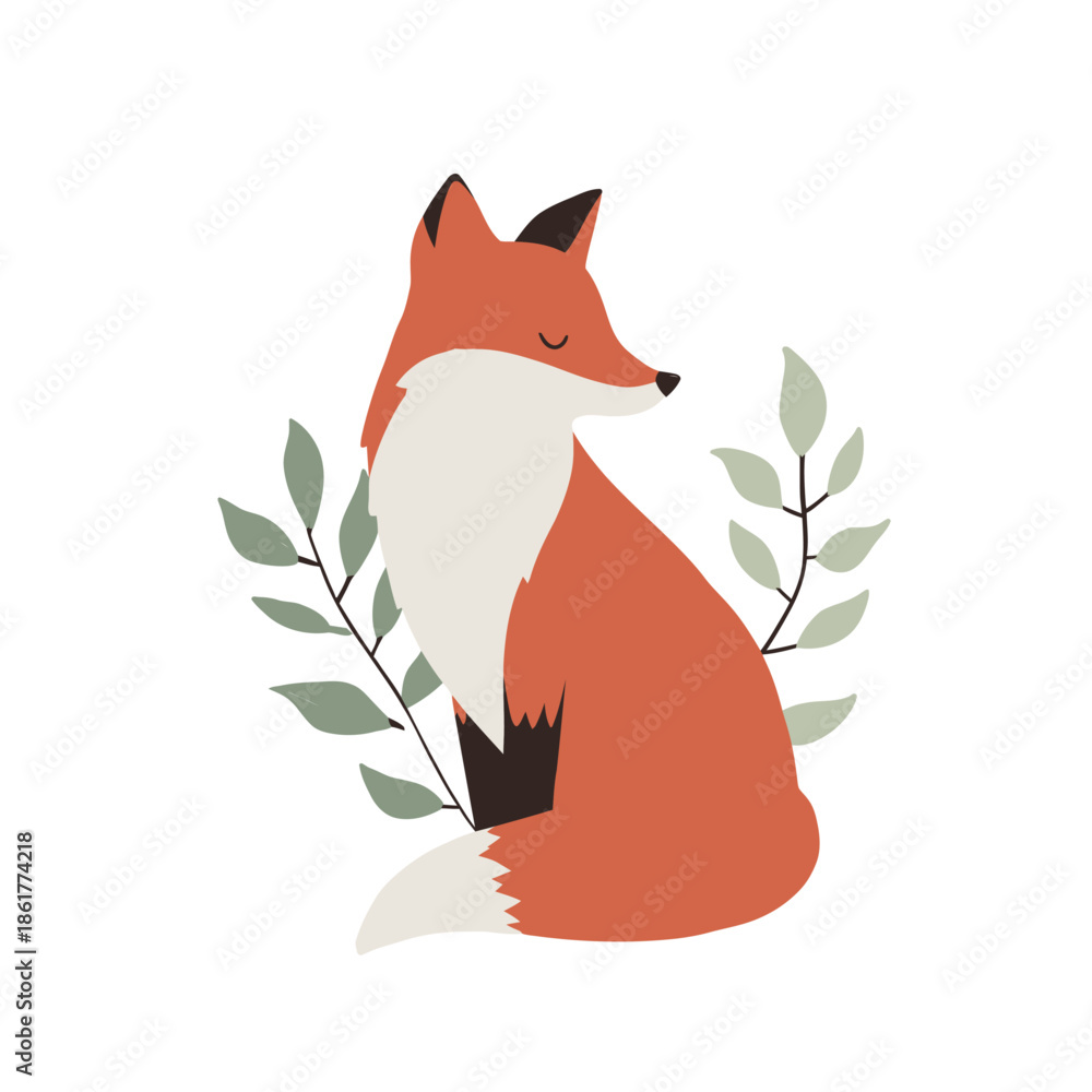 Obraz premium Cute minimalist fox vector illustration sitting peacefully with botanical leaves, perfect for eco-friendly branding, children’s design, nursery art, and modern nature-inspired visuals.
