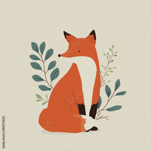 Cute minimalist fox vector illustration sitting peacefully with botanical leaves, perfect for eco-friendly branding, children’s design, nursery art, and modern nature-inspired visuals.