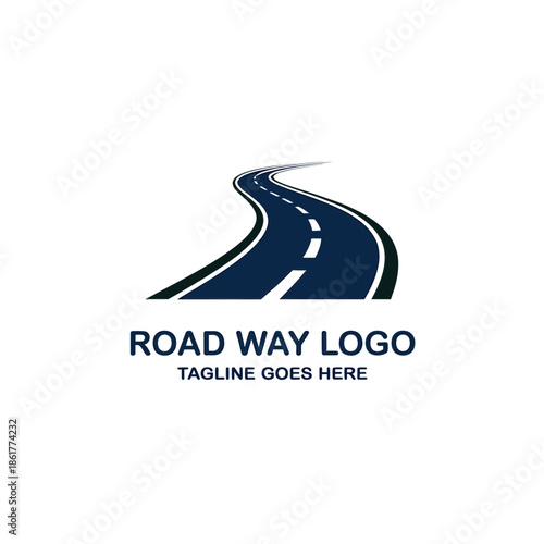 A winding road graphic with text logo and tagline elements