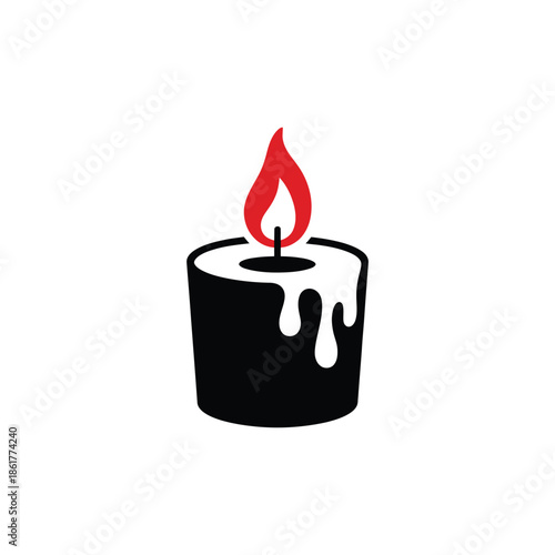 A simple black and white illustration of a melting candle with a red flame