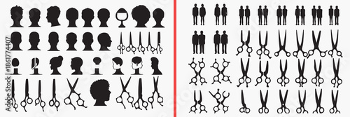 barber tools silhouette vector, salon equipment black silhouettes, scissors comb illustration set, hairdressing tool silhouette art, barber shop vector design, grooming tools clipart collection, hairs