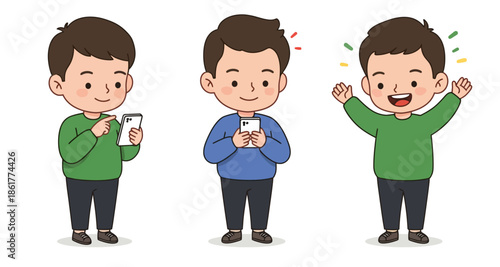 Mobile Phone User Journey: Cartoon Man Progressing from Interaction to Successful Celebration