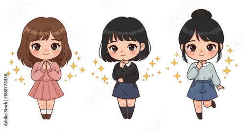 Three Cute Chibi Girls Vector Set with Various Hairstyles and Poses on White Background