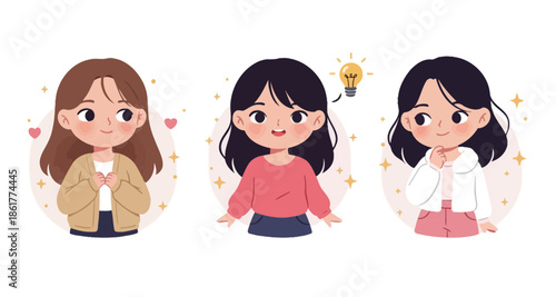 Adorable Cartoon Women Showing Various Emotions: Idea, Affection, and Thinking