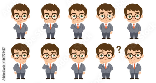 Businessman Character Set Pondering and Thinking Expressions