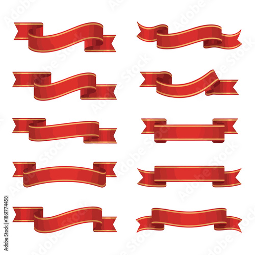 Collection of vibrant red ribbon banners with flowing curved shapes
