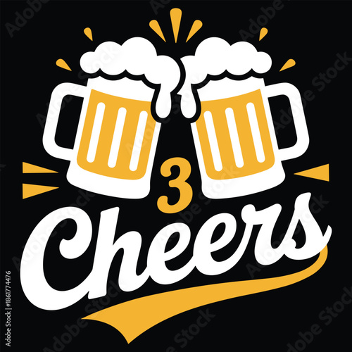 Two Beer Mugs Clinking with Cheers Text on Black Background